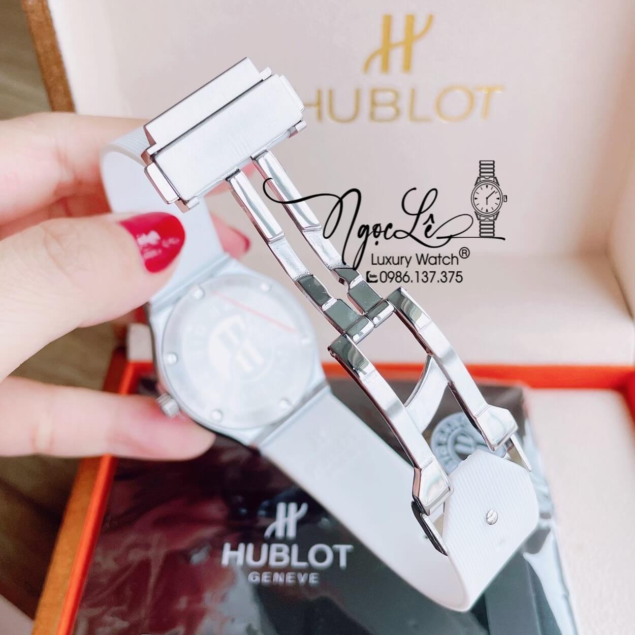 Đồng Hồ Nữ Hublot Classic Fusion 34mm Máy Pin Dây Silicon Trắng Đính Full Đá Vỏ Silver