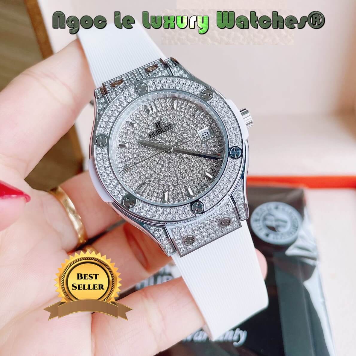 Đồng Hồ Nữ Hublot Classic Fusion 34mm Máy Pin Dây Silicon Trắng Đính Full Đá Vỏ Silver