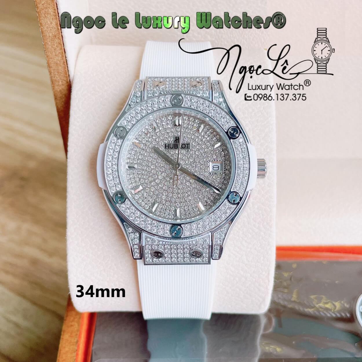 Đồng Hồ Nữ Hublot Classic Fusion 34mm Máy Pin Dây Silicon Trắng Đính Full Đá Vỏ Silver