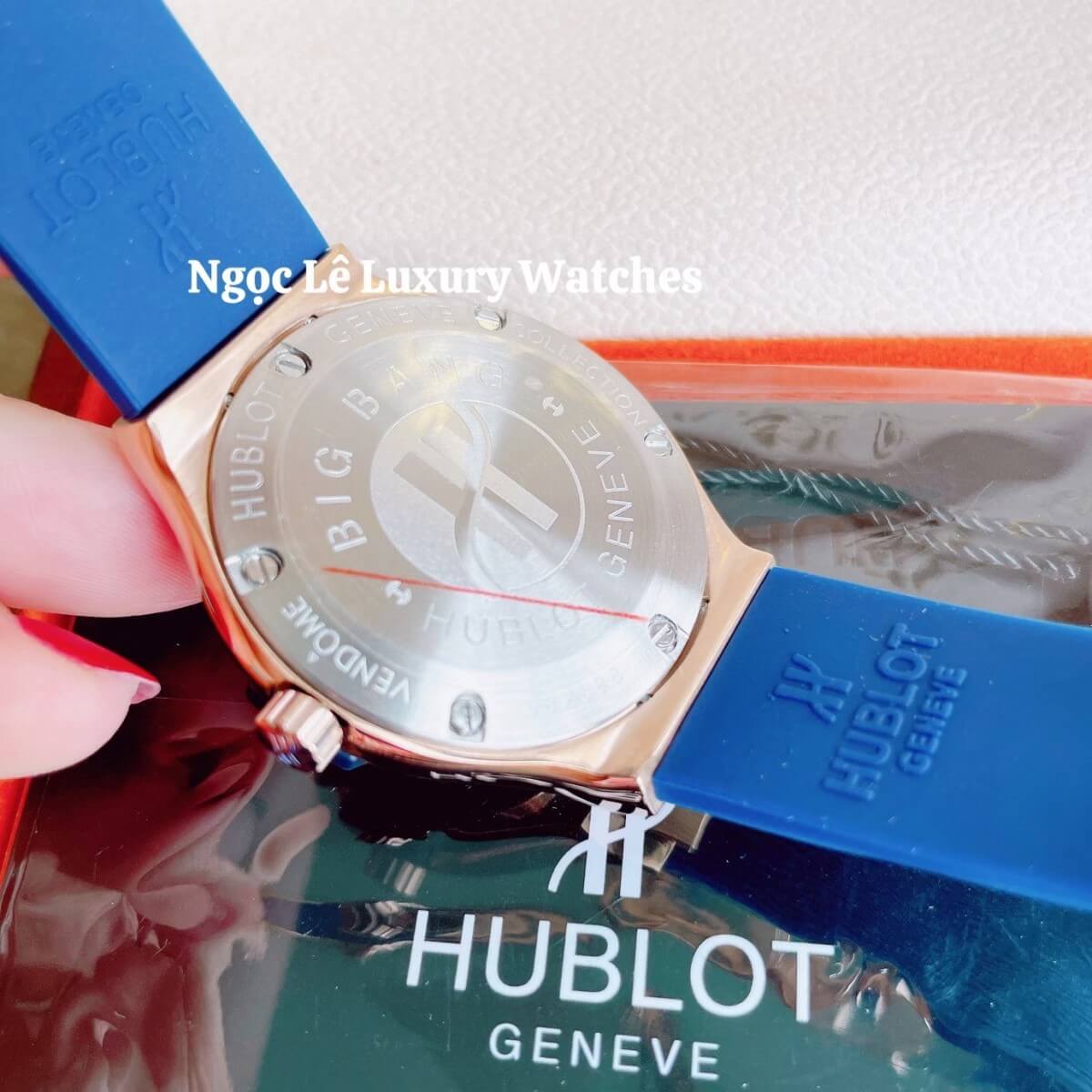 Đồng Hồ Nữ Hublot Classic Fusion 34mm Máy Pin Dây Silicon Xanh Đính Đá Vỏ Rose Gold