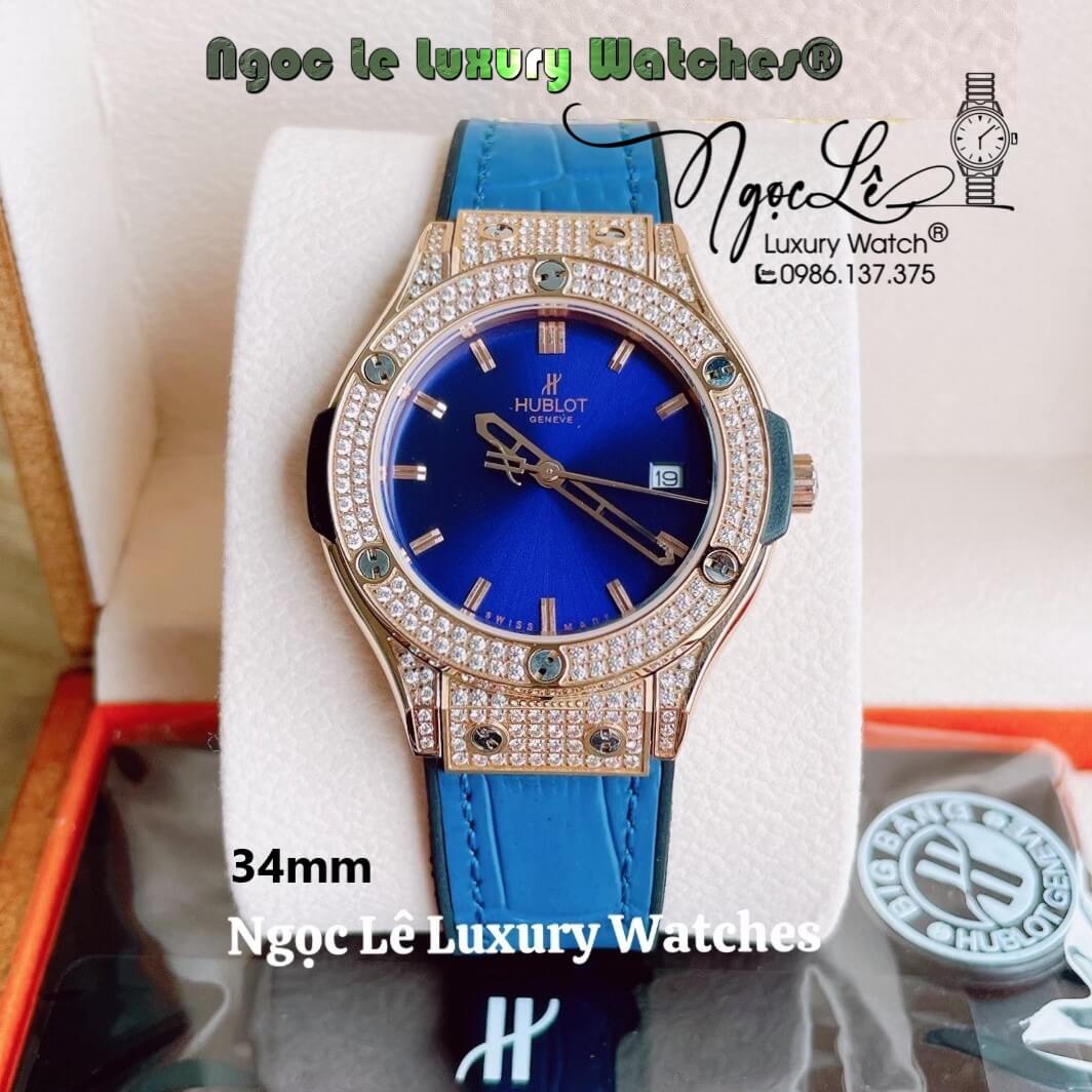 Đồng Hồ Nữ Hublot Classic Fusion 34mm Máy Pin Dây Da Silicon Xanh Đính Đá Vỏ Rose Gold