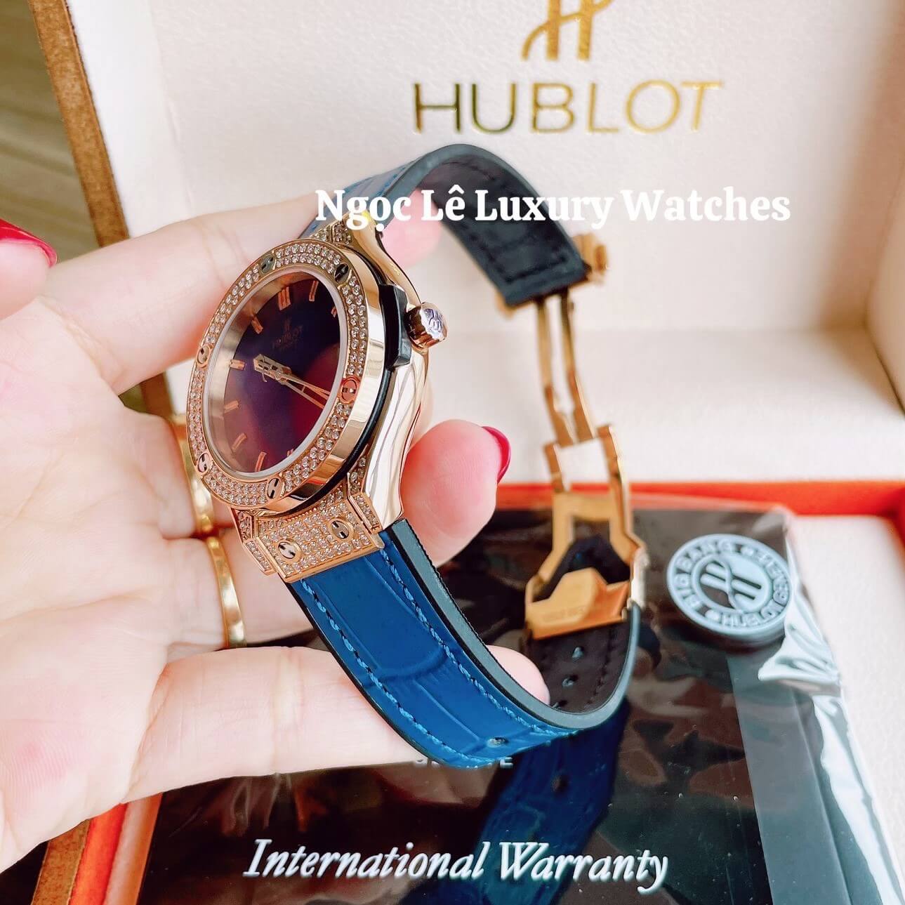 Đồng Hồ Nữ Hublot Classic Fusion 34mm Máy Pin Dây Da Silicon Xanh Đính Đá Vỏ Rose Gold
