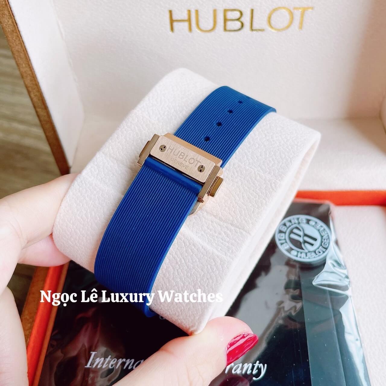 Đồng Hồ Nữ Hublot Classic Fusion 34mm Máy Pin Dây Silicon Xanh Đính Đá Rose Gold
