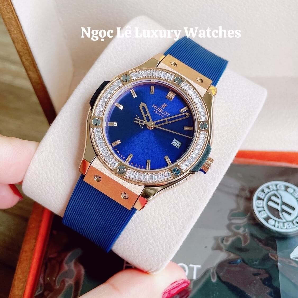 Đồng Hồ Nữ Hublot Classic Fusion 34mm Máy Pin Dây Silicon Xanh Đính Đá Rose Gold