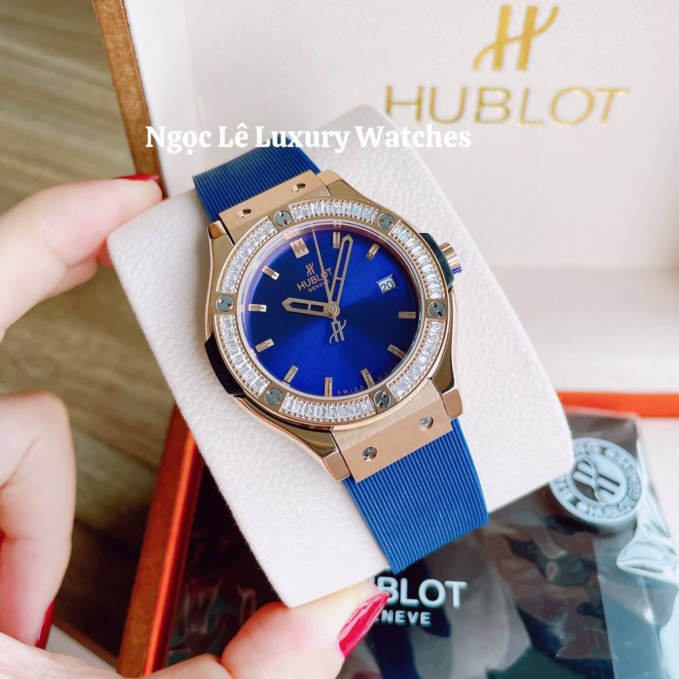 Đồng Hồ Nữ Hublot Classic Fusion 34mm Máy Pin Dây Silicon Xanh Đính Đá Rose Gold