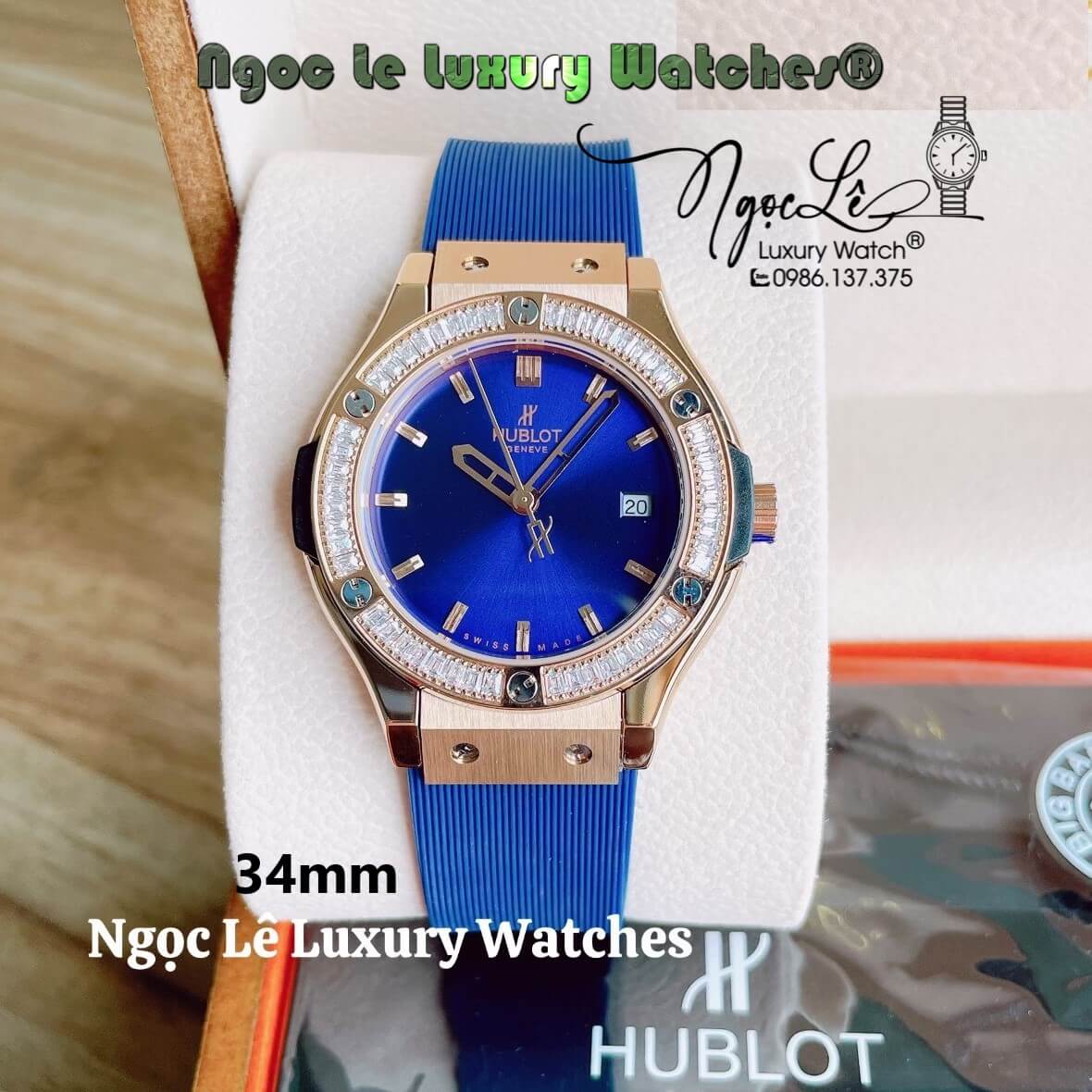 Đồng Hồ Nữ Hublot Classic Fusion 34mm Máy Pin Dây Silicon Xanh Đính Đá Rose Gold