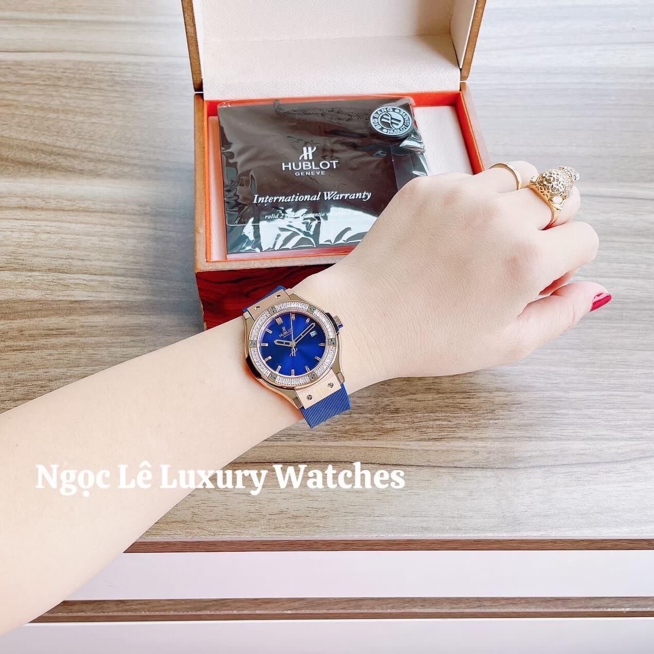 Đồng Hồ Nữ Hublot Classic Fusion 34mm Máy Pin Dây Silicon Xanh Đính Đá Rose Gold