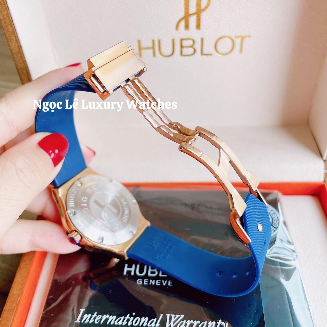 Đồng Hồ Nữ Hublot Classic Fusion 34mm Máy Pin Dây Silicon Xanh Đính Đá Rose Gold