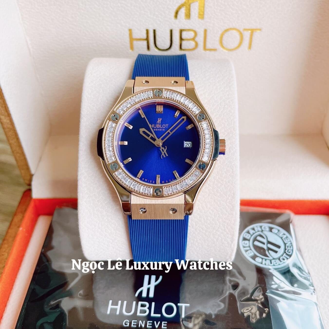 Đồng Hồ Nữ Hublot Classic Fusion 34mm Máy Pin Dây Silicon Xanh Đính Đá Rose Gold