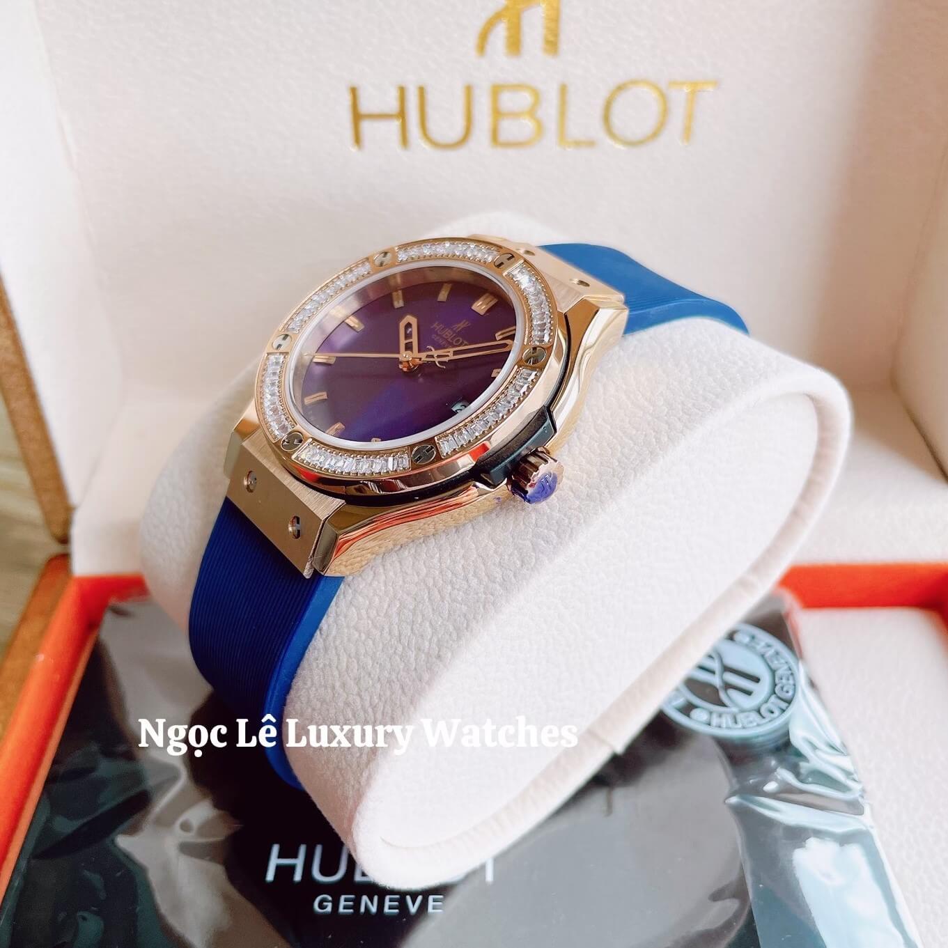 Đồng Hồ Nữ Hublot Classic Fusion 34mm Máy Pin Dây Silicon Xanh Đính Đá Rose Gold