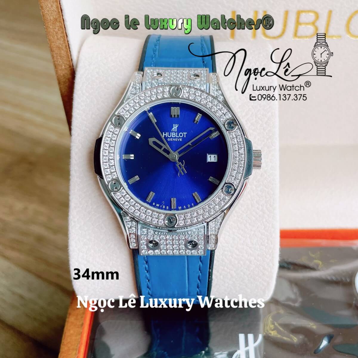 Đồng Hồ Nữ Hublot Classic Fusion 34mm Máy Pin Dây Da Silicon Xanh Đính Đá Vỏ Silver