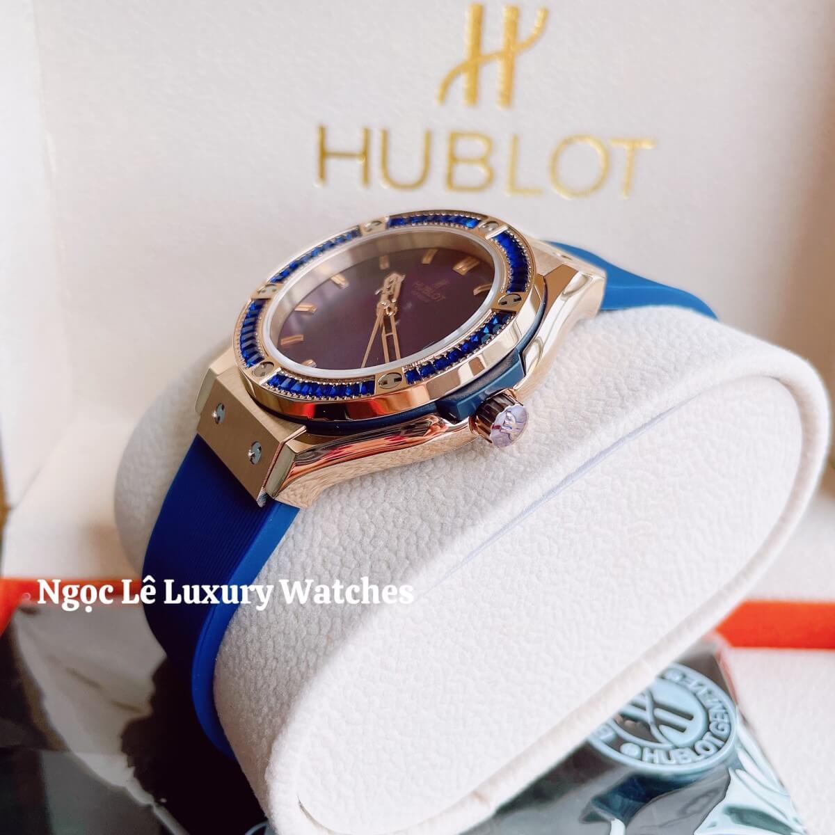 Đồng Hồ Nữ Hublot Classic Fusion 34mm Máy Pin Dây Silicon Xanh Đính Đá Vỏ Rose Gold