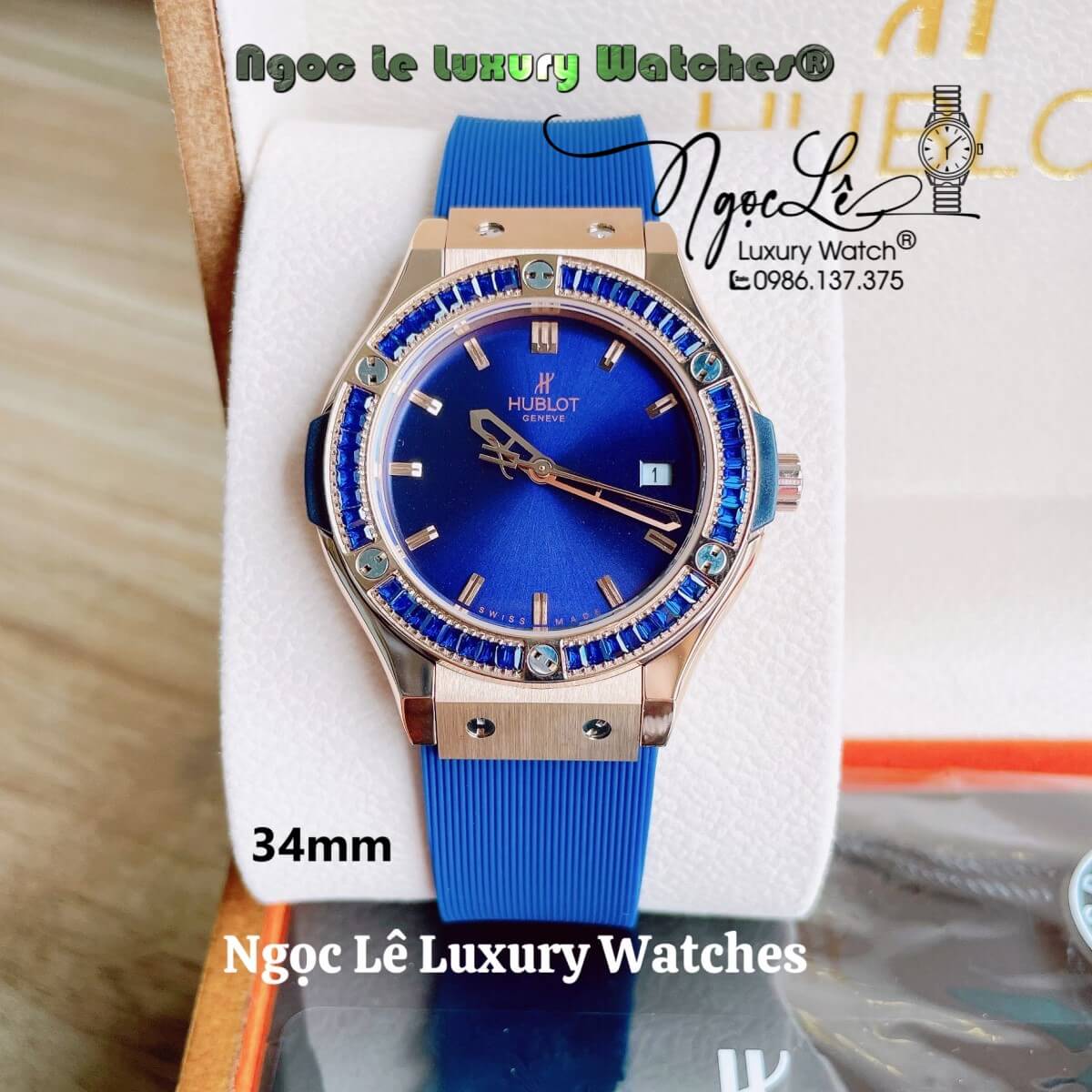 Đồng Hồ Nữ Hublot Classic Fusion 34mm Máy Pin Dây Silicon Xanh Đính Đá Vỏ Rose Gold