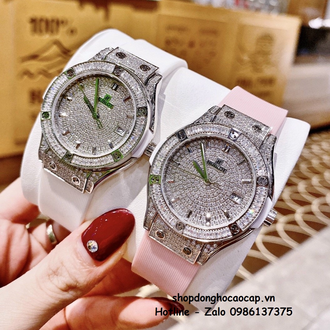 Đồng Hồ Hublot Classic Fusion Dây Da Silicon Hồng Đính Đá Bạc