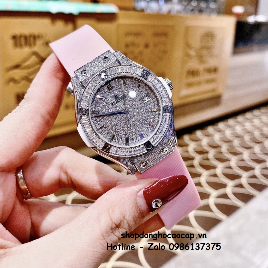 Đồng Hồ Hublot Classic Fusion Dây Da Silicon Hồng Đính Đá Bạc