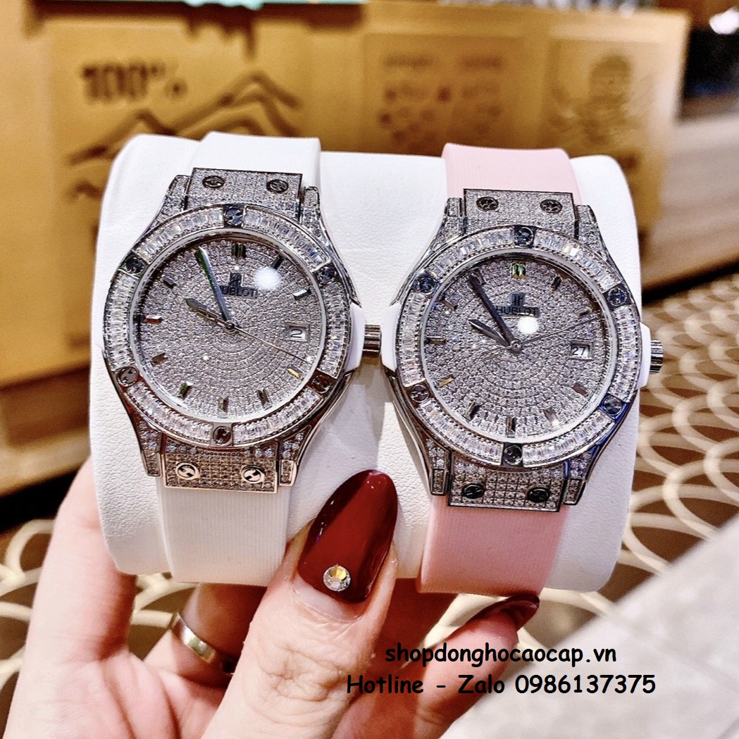 Đồng Hồ Hublot Classic Fusion Dây Da Silicon Hồng Đính Đá Bạc