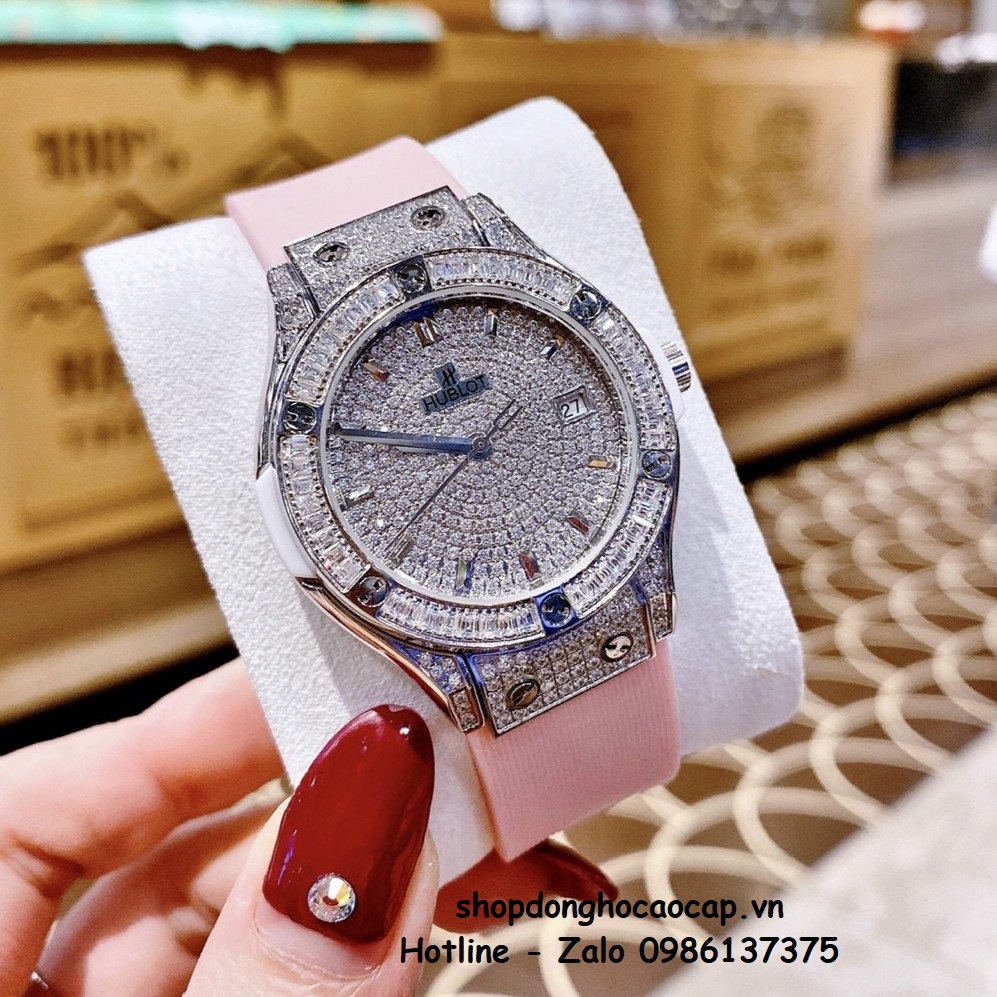 Đồng Hồ Hublot Classic Fusion Dây Silicon Hồng Đính Đá Bạc