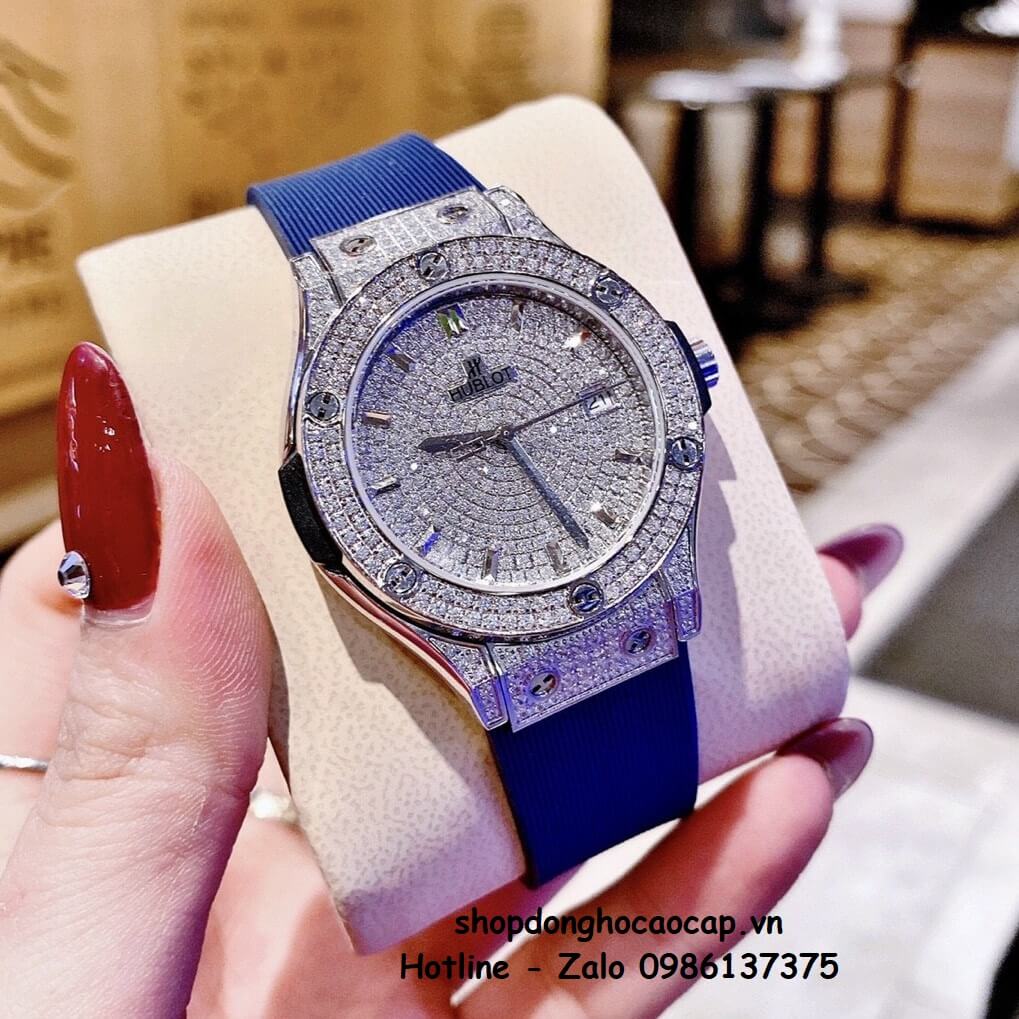 Đồng Hồ Hublot Classic Fusion Dây Silicon Xanh Đính Đá Bạc