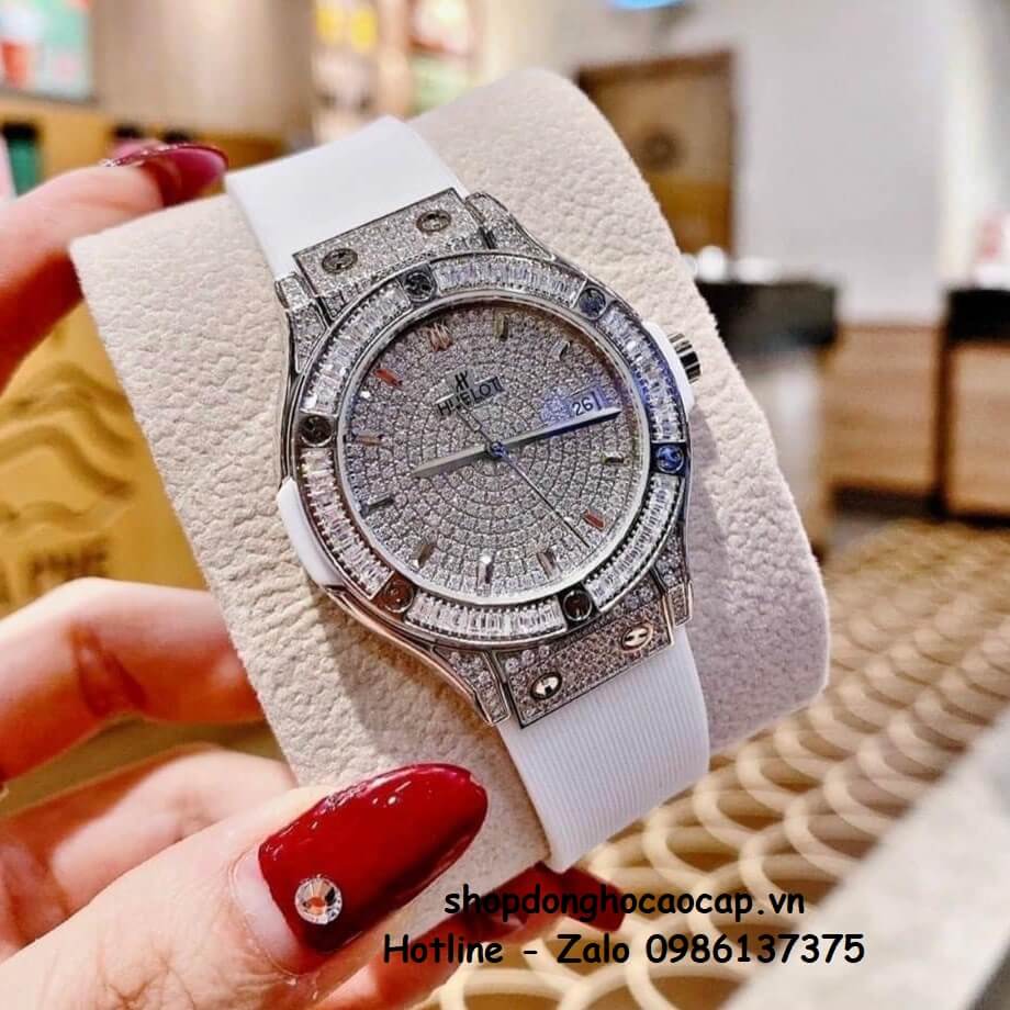 Đồng Hồ Hublot Classic Fusion Dây Silicon Trắng Đính Đá Bạc