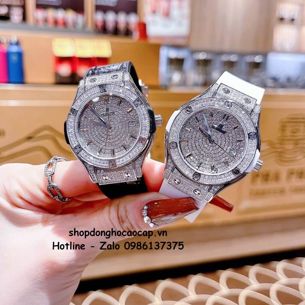 Đồng Hồ Hublot Classic Fusion Dây Silicon Trắng Đính Đá Bạc