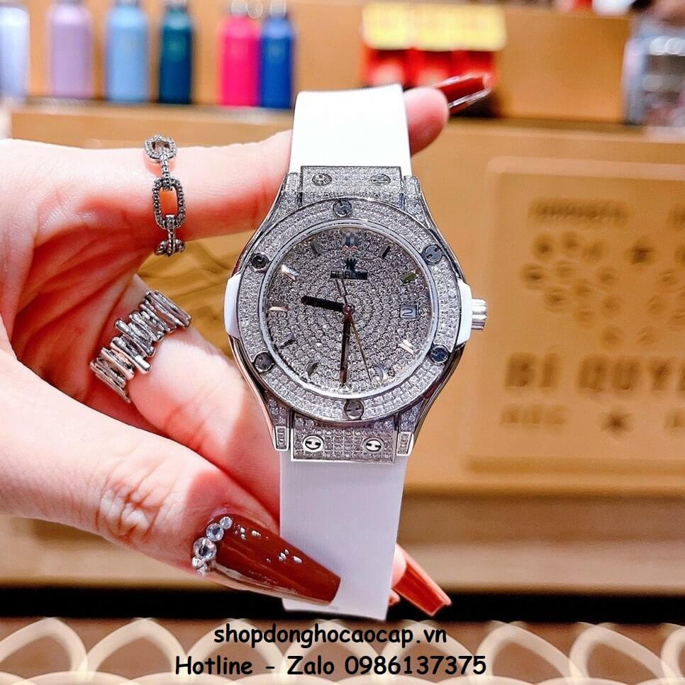 Đồng Hồ Hublot Classic Fusion Dây Silicon Trắng Đính Đá Bạc