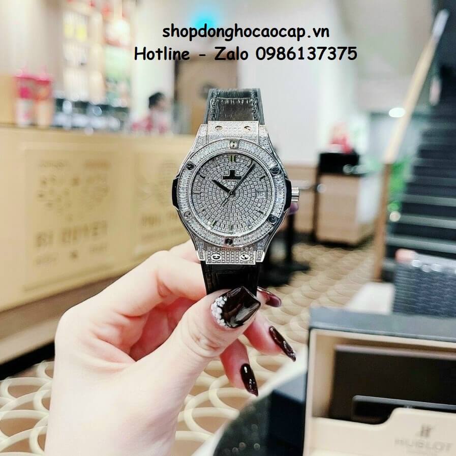 Đồng Hồ Hublot Classic Fusion Dây Da Silicon Đen Đính Đá Bạc