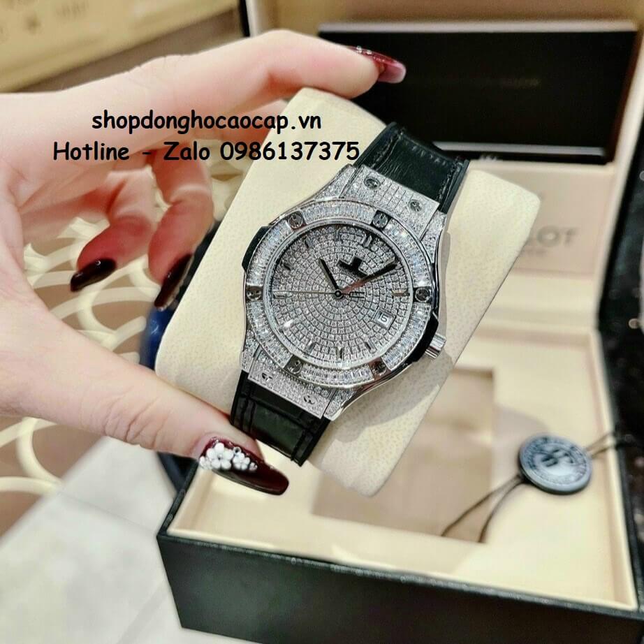 Đồng Hồ Hublot Classic Fusion Dây Da Silicon Đen Đính Đá Bạc