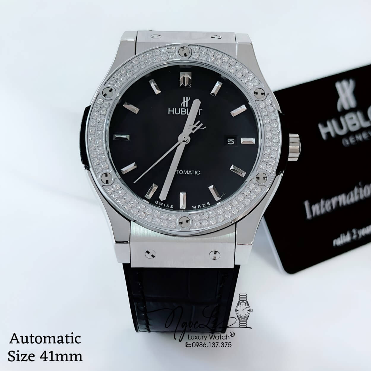 Đồng Hồ Hublot Classic Fusion Nam Tự Động Dây Da Silicon Đen Đính Đá Mịn Silver 41mm