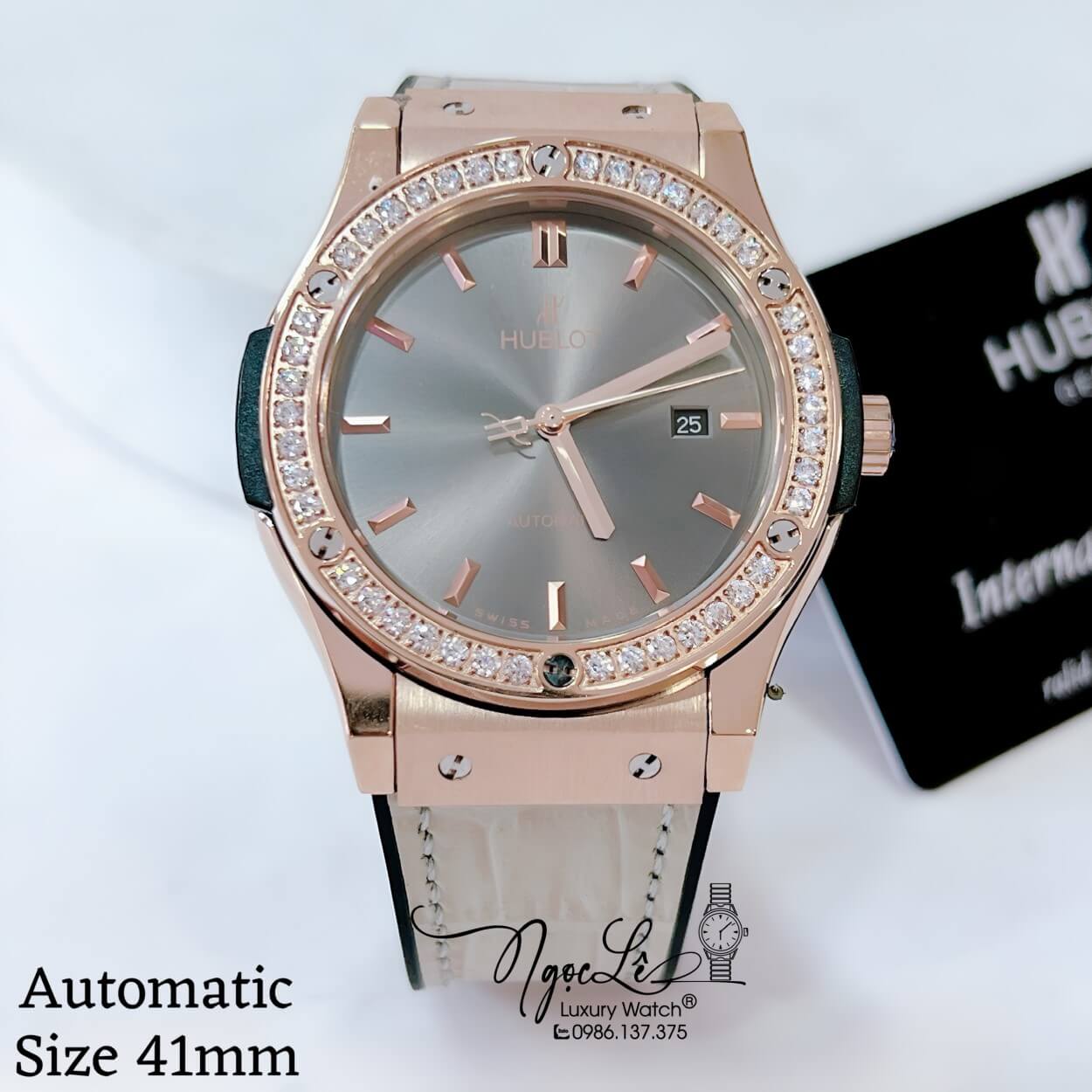 Đồng Hồ Hublot Classic Fusion Nam Tự Động Dây Da Silicon Xám Đính Đá Tròn Rose 41mm