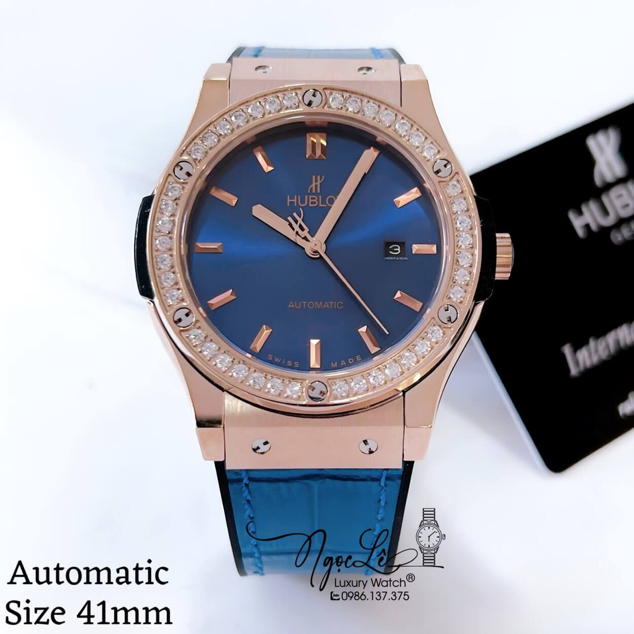 Đồng Hồ Hublot Classic Fusion Nam Tự Động Dây Da Silicon Xanh Đính Đá Tròn Rose 41mm