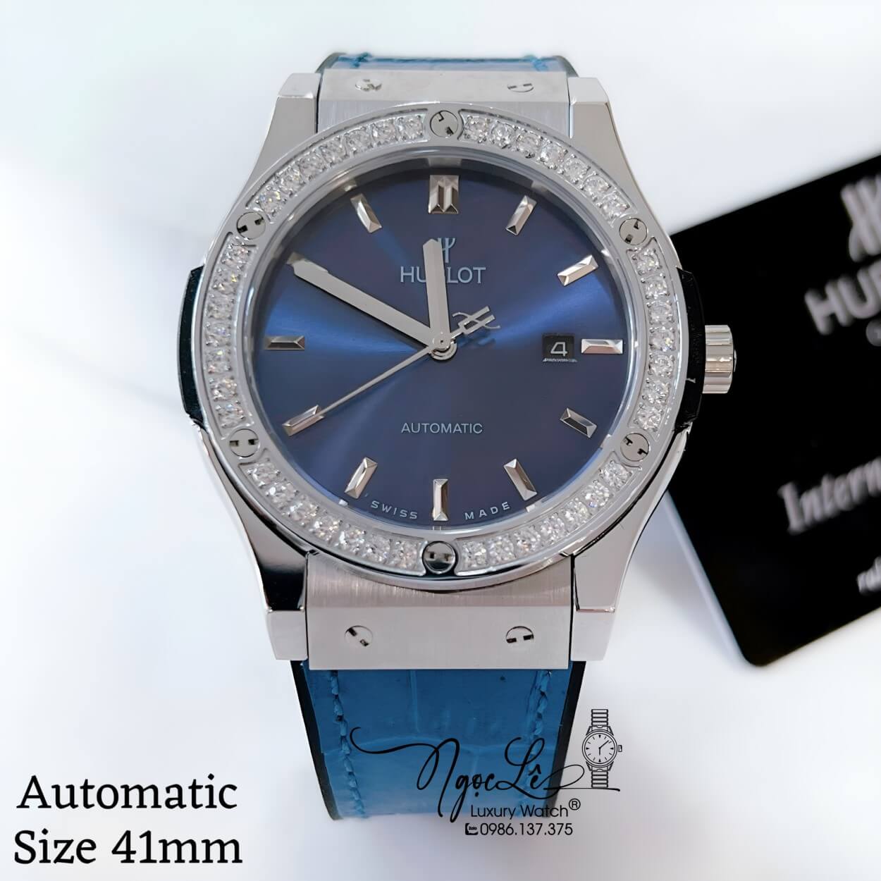 Đồng Hồ Hublot Classic Fusion Nam Tự Động Dây Da Silicon Xanh Đính Đá Tròn Silver 41mm