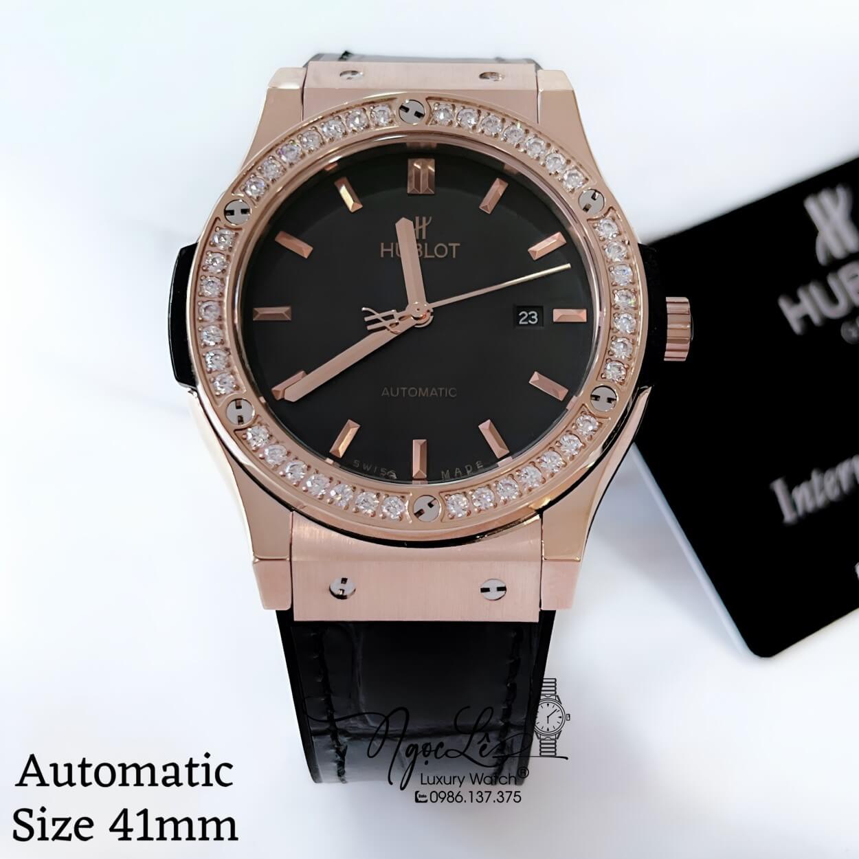 Đồng Hồ Hublot Classic Fusion Nam Tự Động Dây Da Silicon Đen Đính Đá Tròn Rose 41mm