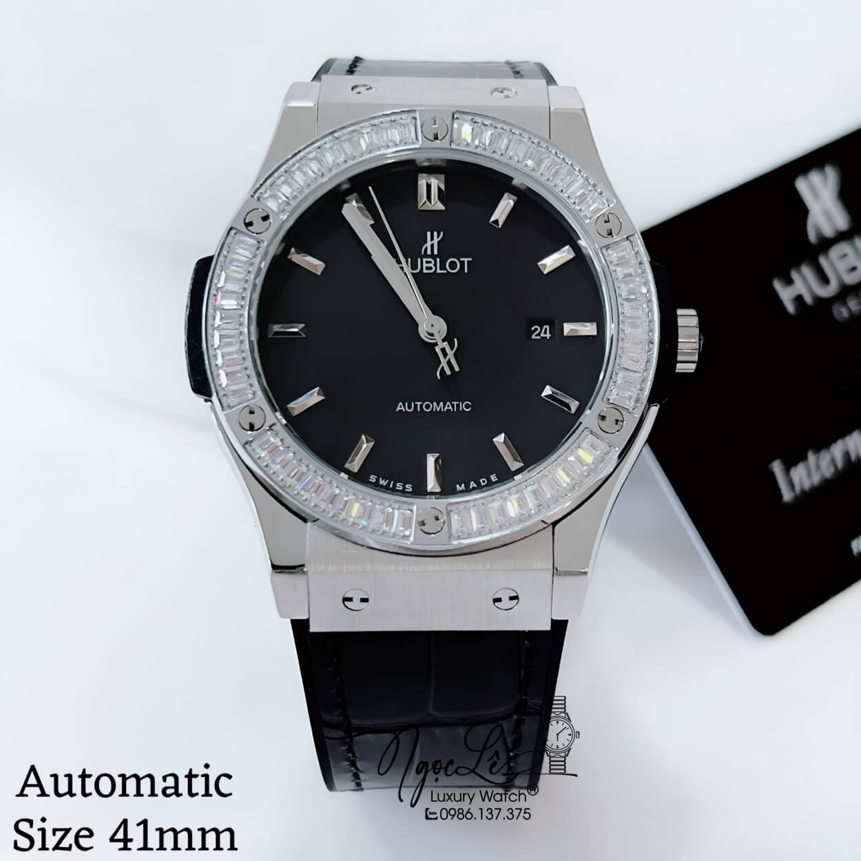 Đồng Hồ Hublot Classic Fusion Nam Tự Động Dây Da Silicon Đen Đính Đá Silver 41mm