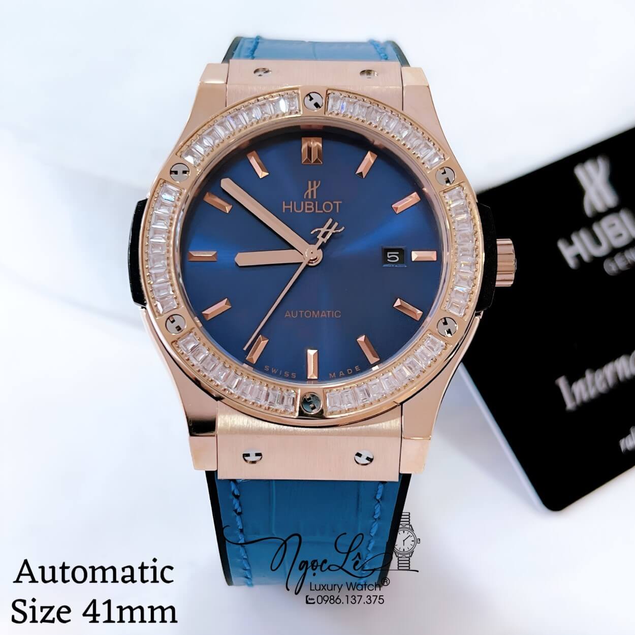 Đồng Hồ Hublot Classic Fusion Nam Tự Động Dây Da Silicon Xanh Đính Đá Ống Rose 41mm