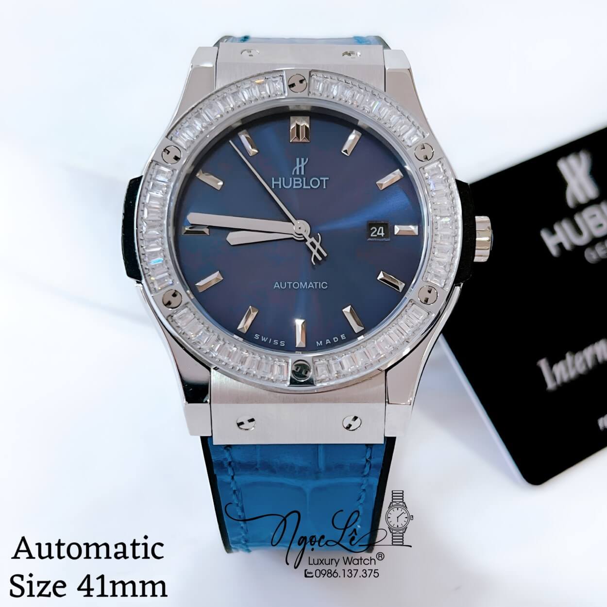 Đồng Hồ Hublot Classic Fusion Nam Tự Động Dây Da Silicon Xanh Đính Đá Ống Silver 41mm