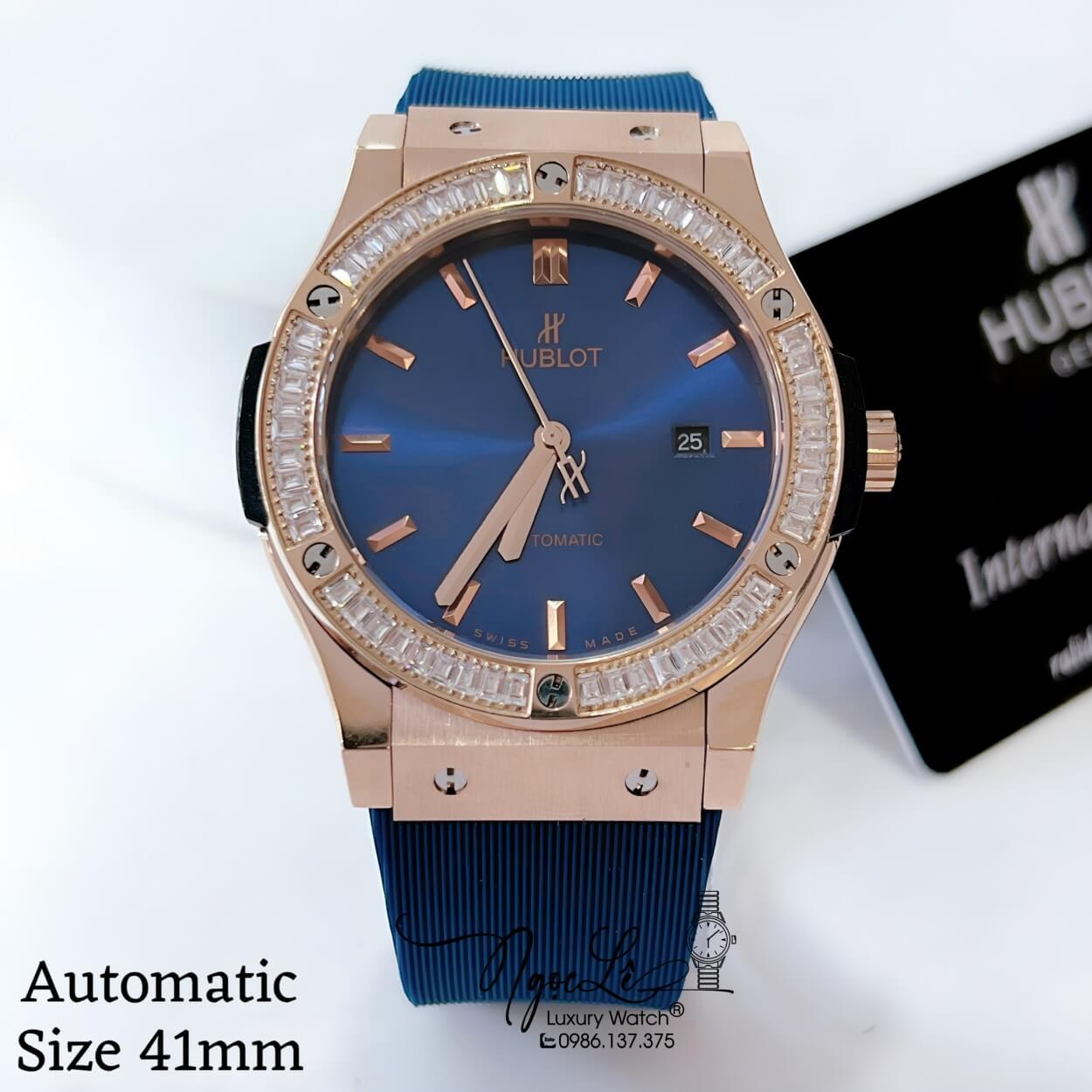 Đồng Hồ Hublot Classic Fusion Nam Tự Động Dây Silicon Xanh Đính Đá Ống Rose 41mm