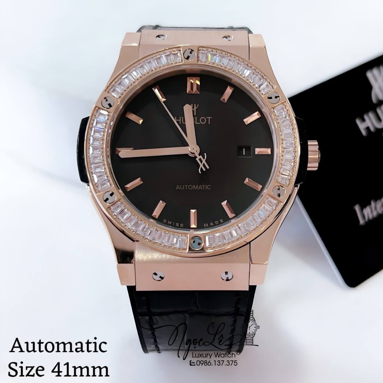 Đồng Hồ Hublot Classic Fusion Nam Tự Động Dây Da Silicon Đen Đính Đá Rose 41mm