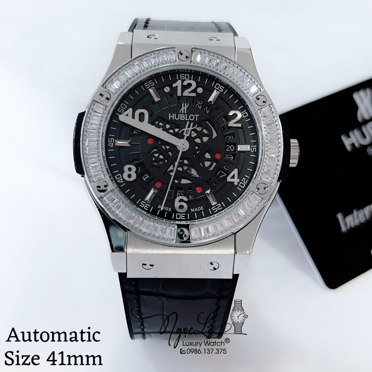 Đồng Hồ Hublot Nam Tự Động Lộ Máy Dây Da Silicon Đen Đính Đá Ống Vỏ Silver Size 41mm