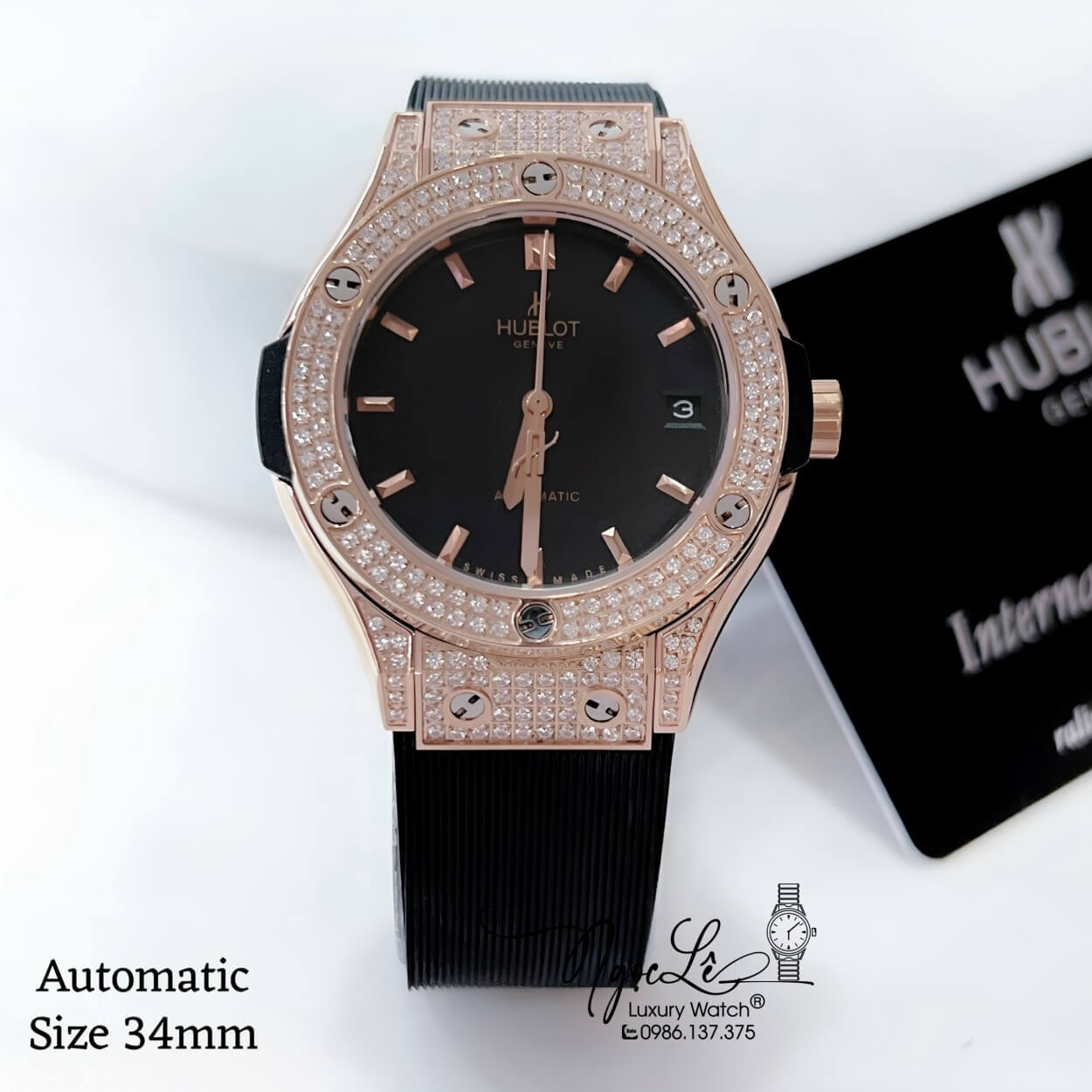 Đồng Hồ Hublot Classic Fusion Nữ Máy Cơ Tự Động Dây Silicon Đen Đính Đá Vỏ Rose Size 34mm