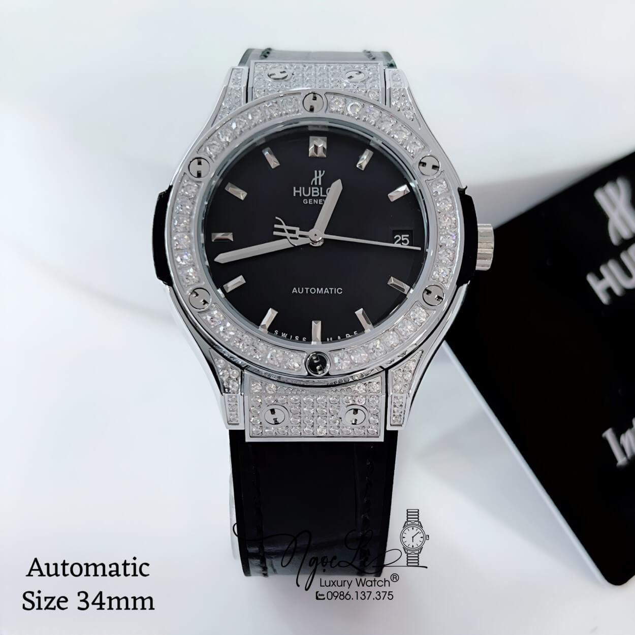 Đồng Hồ Hublot Classic Fusion Nữ Máy Cơ Tự Động Dây Da Silicon Đen Đính Đá Vỏ Silver Size 34mm