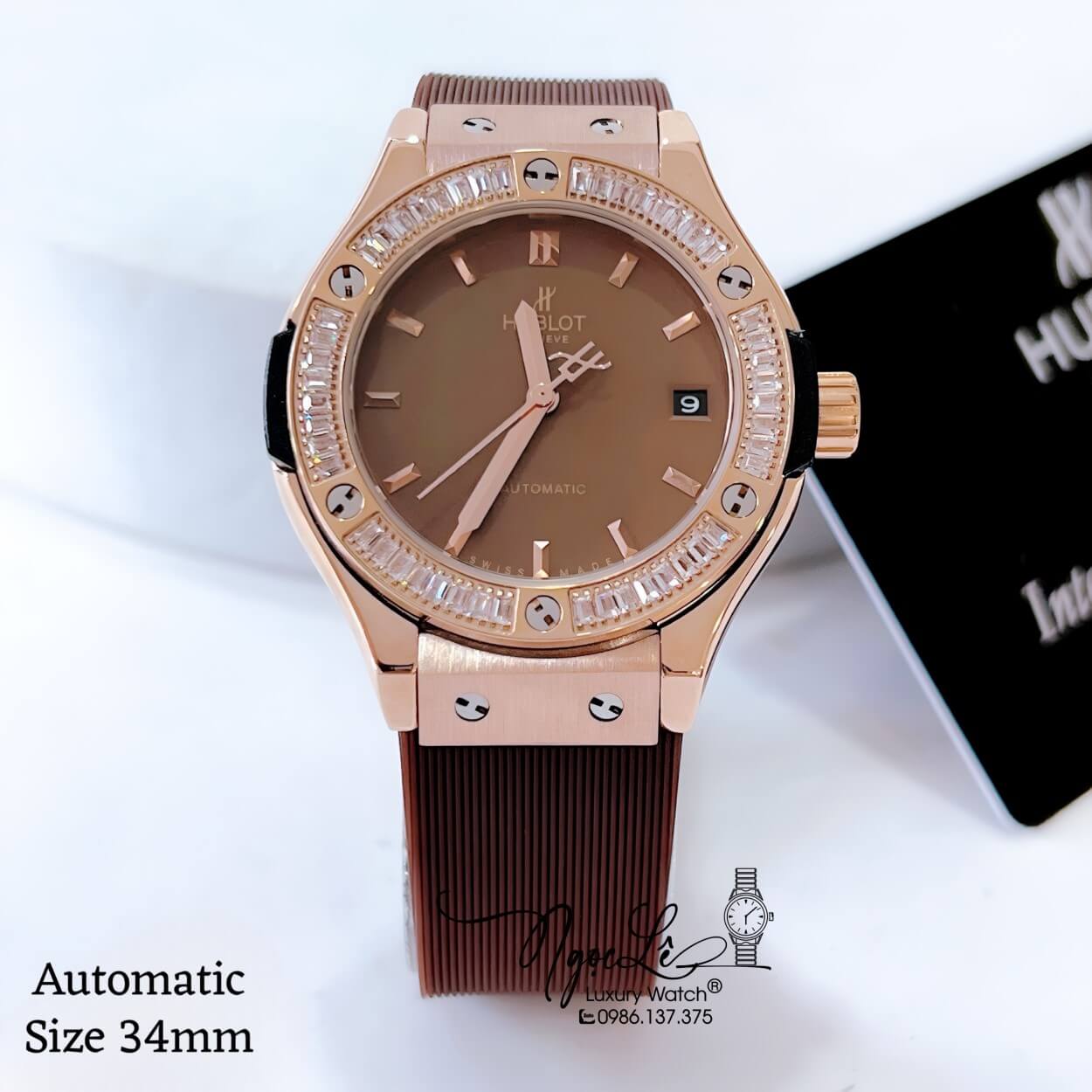 Đồng Hồ Hublot Classic Fusion Nữ Máy Cơ Tự Động Dây Silicon Nâu Đính Đá Vỏ Rose Size 34mm