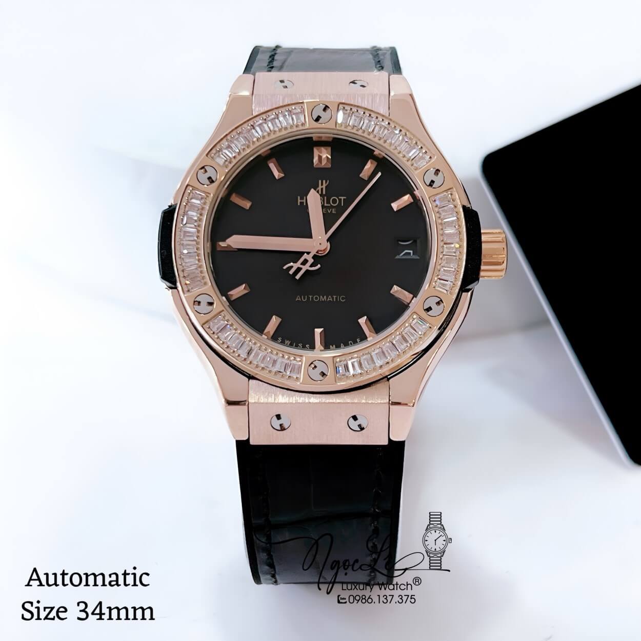 Đồng Hồ Hublot Classic Fusion Nữ Máy Cơ Tự Động Dây Da Silicon Đen Đính Đá Vỏ Rose Size 34mm