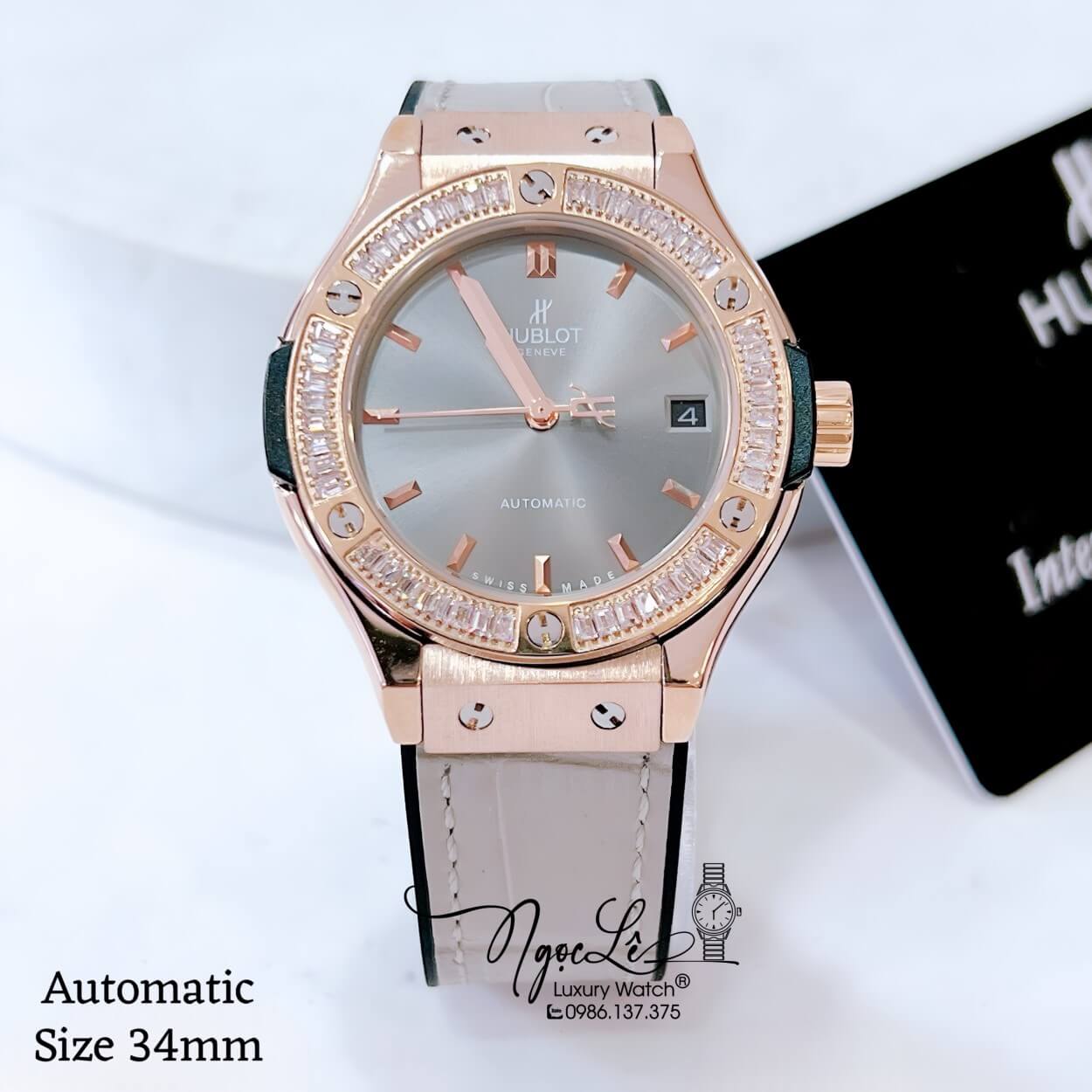 Đồng Hồ Hublot Classic Fusion Nữ Máy Cơ Tự Động Dây Da Silicon Xám Đính Đá Vỏ Rose Size 34mm