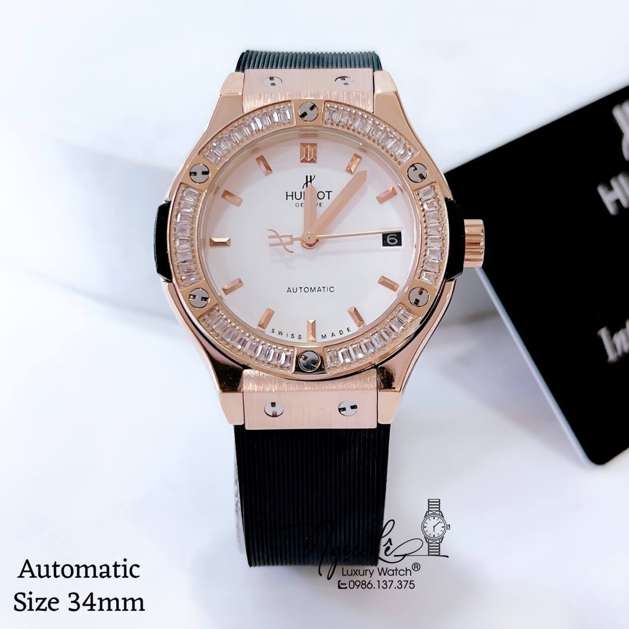 Đồng Hồ Hublot Classic Fusion Nữ Máy Cơ Tự Động Dây Silicon Đen Đính Đá Vỏ Rose Size 34mm