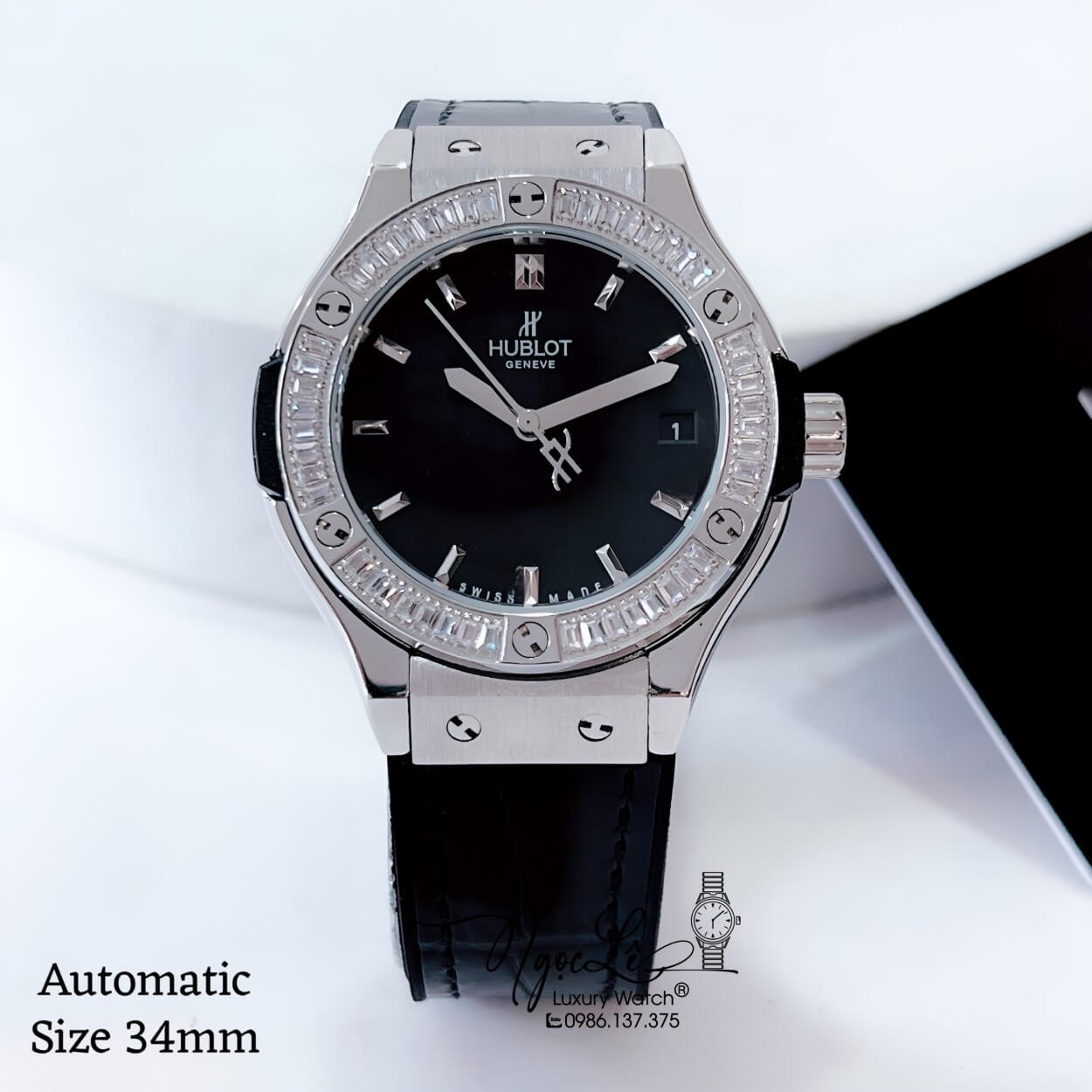 Đồng Hồ Hublot Classic Fusion Nữ Máy Cơ Tự Động Dây Da Silicon Đen Đính Đá Vỏ Silver Size 34mm