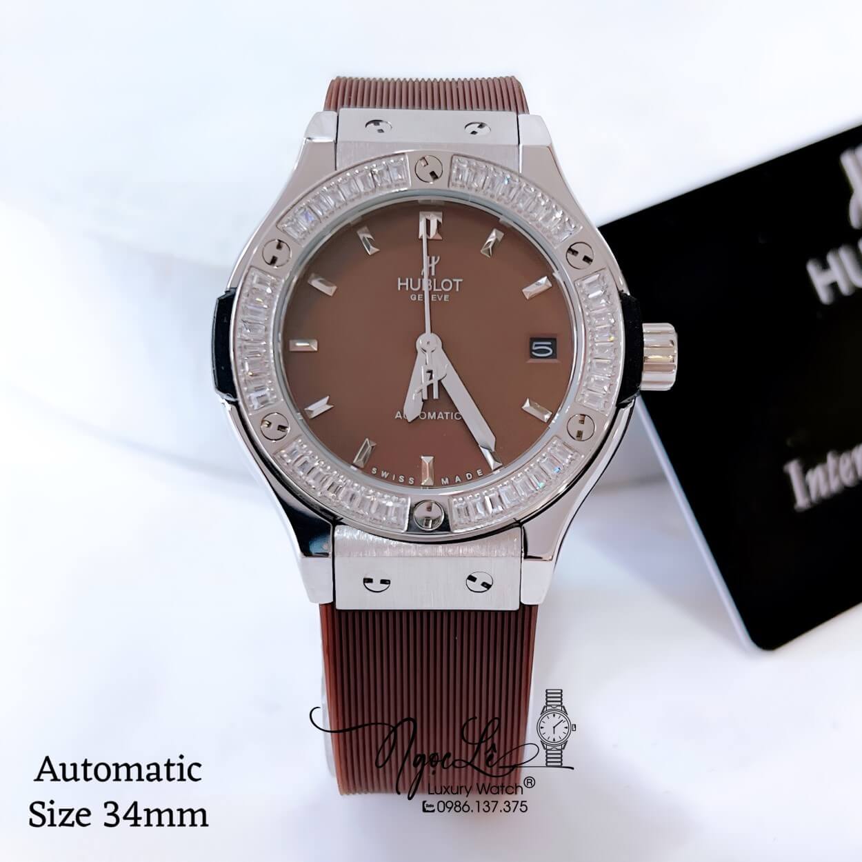 Đồng Hồ Hublot Classic Fusion Nữ Máy Cơ Tự Động Dây Silicon Nâu Đính Đá Vỏ Silver Size 34mm