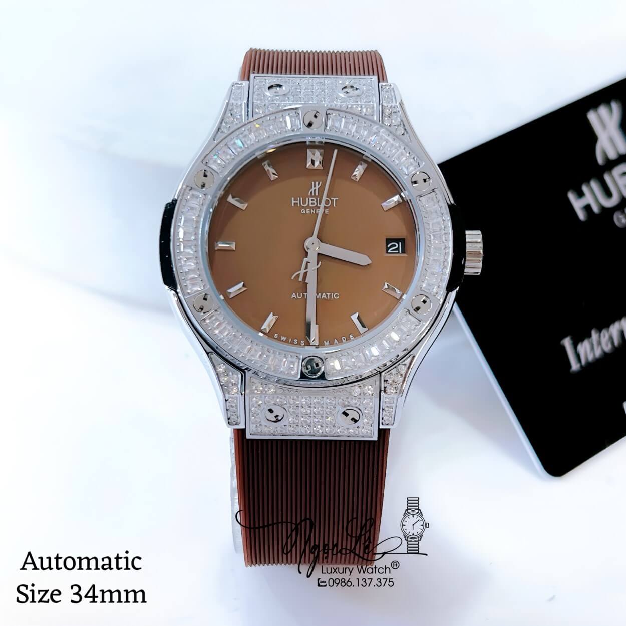 Đồng Hồ Hublot Classic Fusion Nữ Máy Cơ Tự Động Dây Silicon Nâu Đính Đá Vỏ Silver Size 34mm