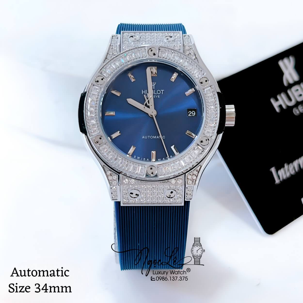 Đồng Hồ Hublot Classic Fusion Nữ Máy Cơ Tự Động Dây Silicon Xanh Navy Đính Đá Vỏ Silver Size 34mm