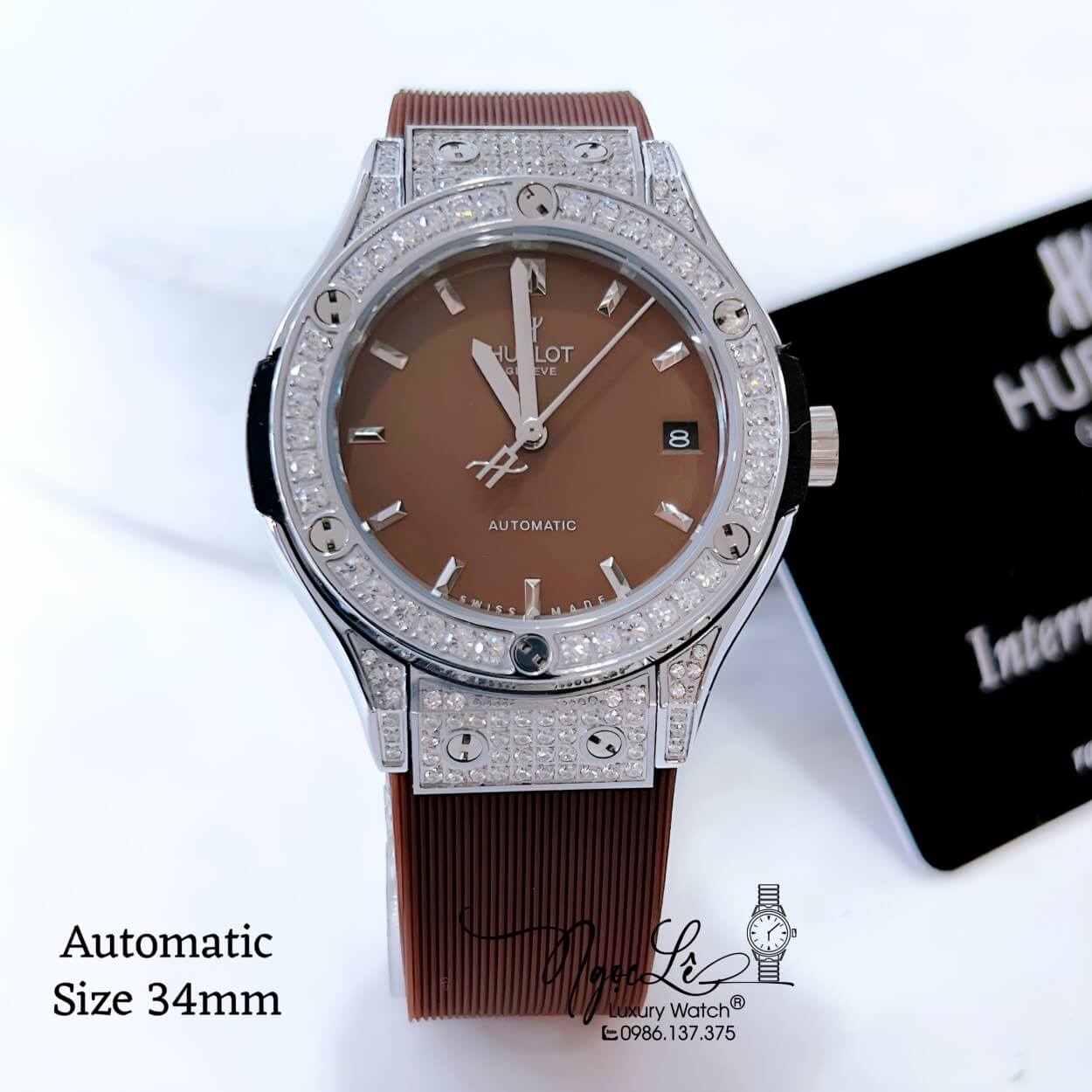 Đồng Hồ Hublot Classic Fusion Nữ Máy Cơ Tự Động Dây Silicon Nâu Đính Đá Vỏ Silver Size 34mm