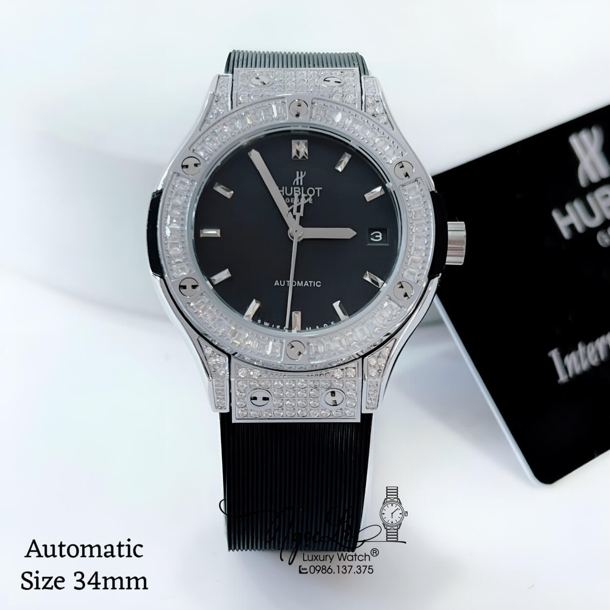 Đồng Hồ Hublot Classic Fusion Nữ Máy Cơ Tự Động Dây Silicon Đen Đính Đá Vỏ Silver Size 34mm